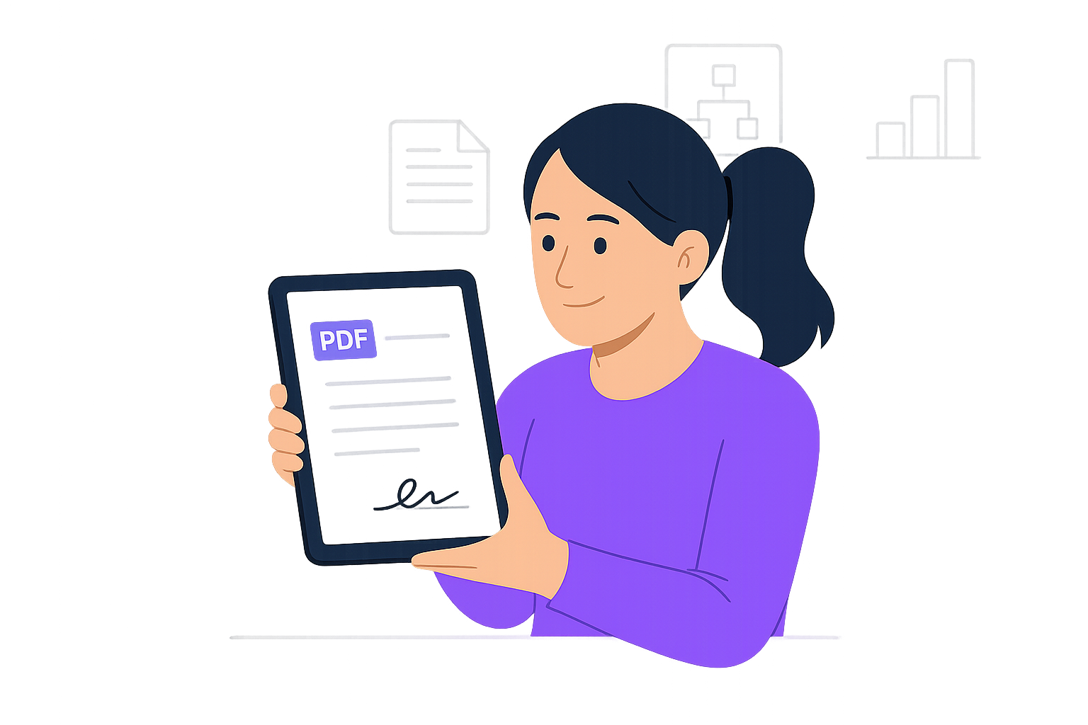 Illustration showing document management interface and user